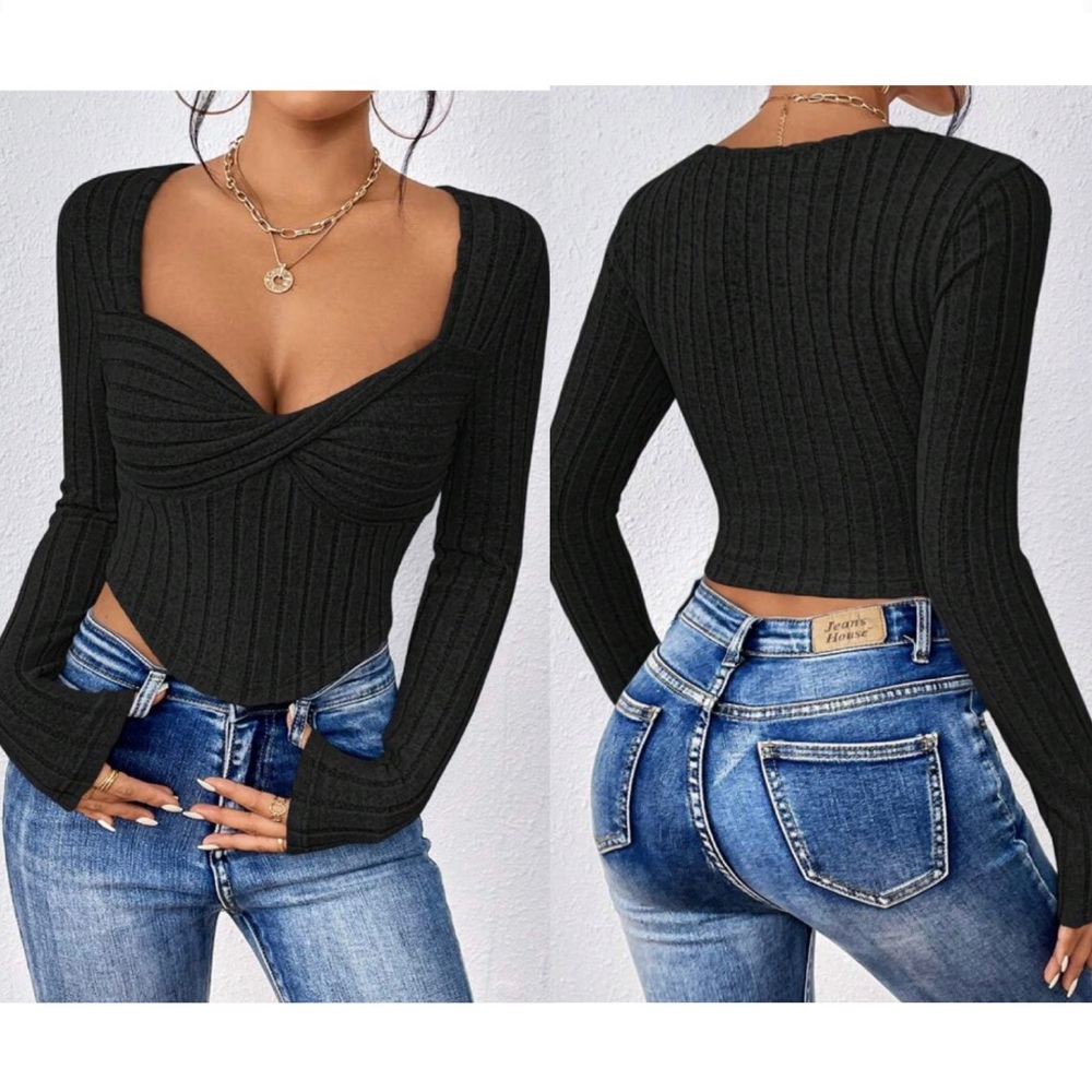 Shein ribbed knit twist front sweetheart neck soft top women Size Medium
